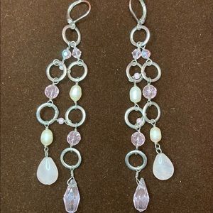 Silver, Freshwater Pearl, Pink Crystal and Pink Quartz Drop Earrings